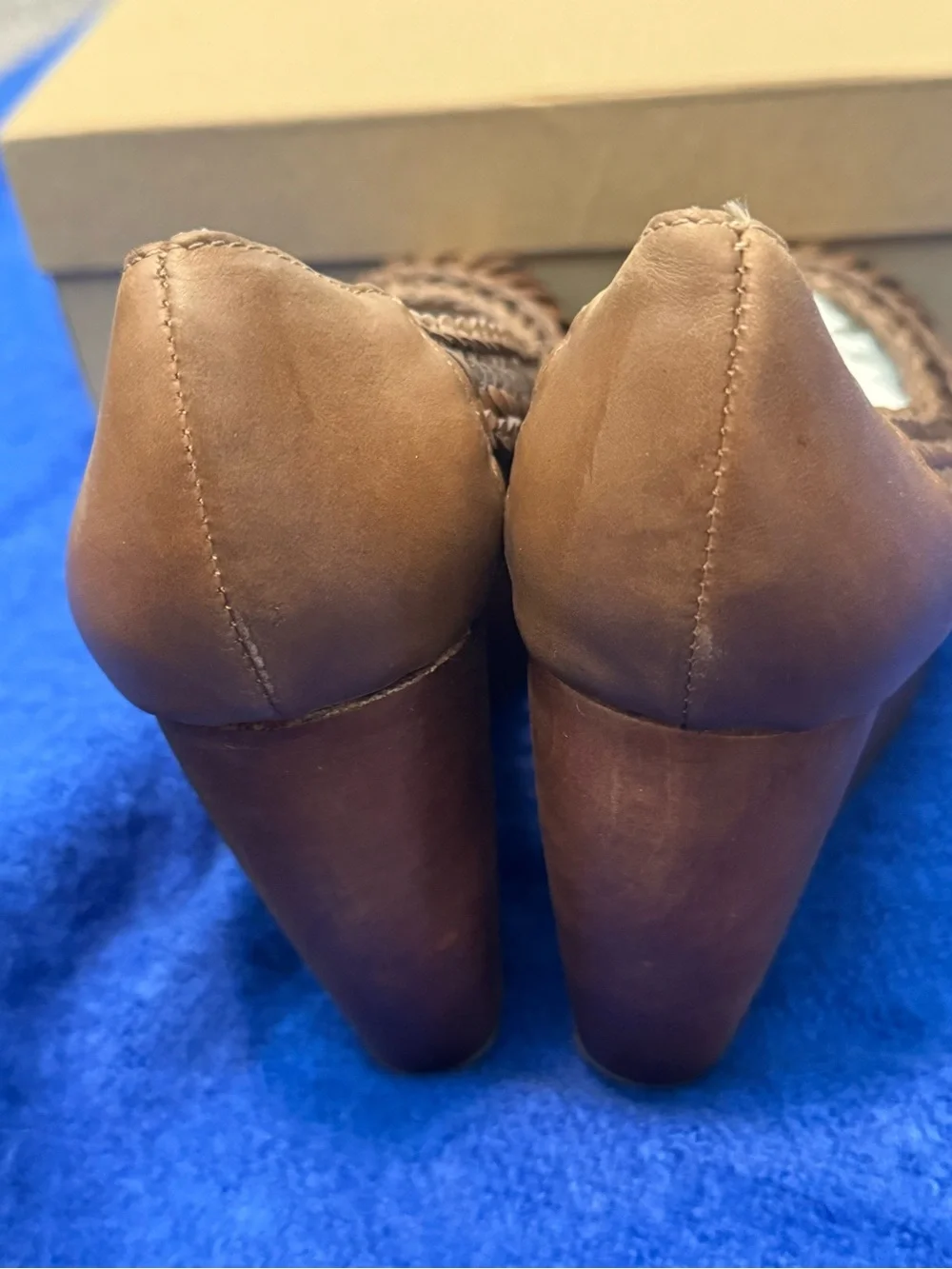 FIEL Brown Braided Leather Women's Wooden Wedges - New with Box